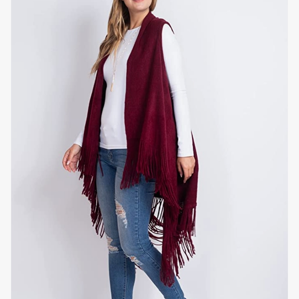 Knit Burgandy Long Sleeveless Open Cardigan